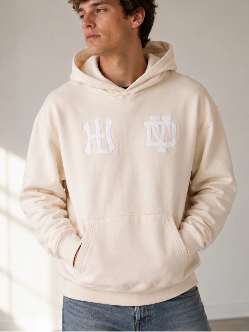 Holiday Preshrunk Men's Cream Hoodie. Large.